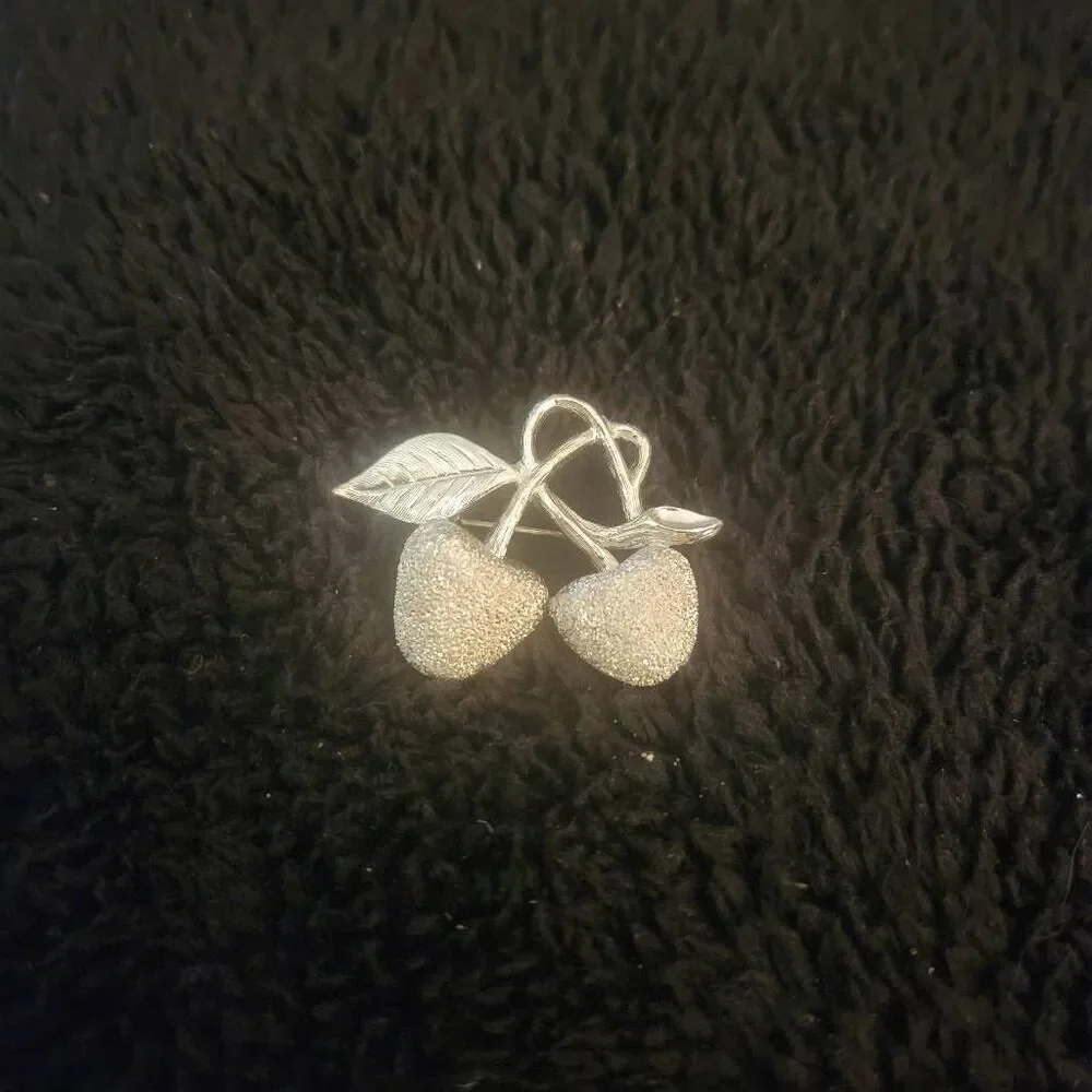 Vintage Costume Brooch Double Cherry Brushed Silver Tone‎